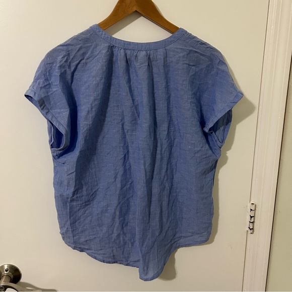 Linen Cotton Blue Pleated Button-Up Women's Top Blouse - Picture 4 of 4